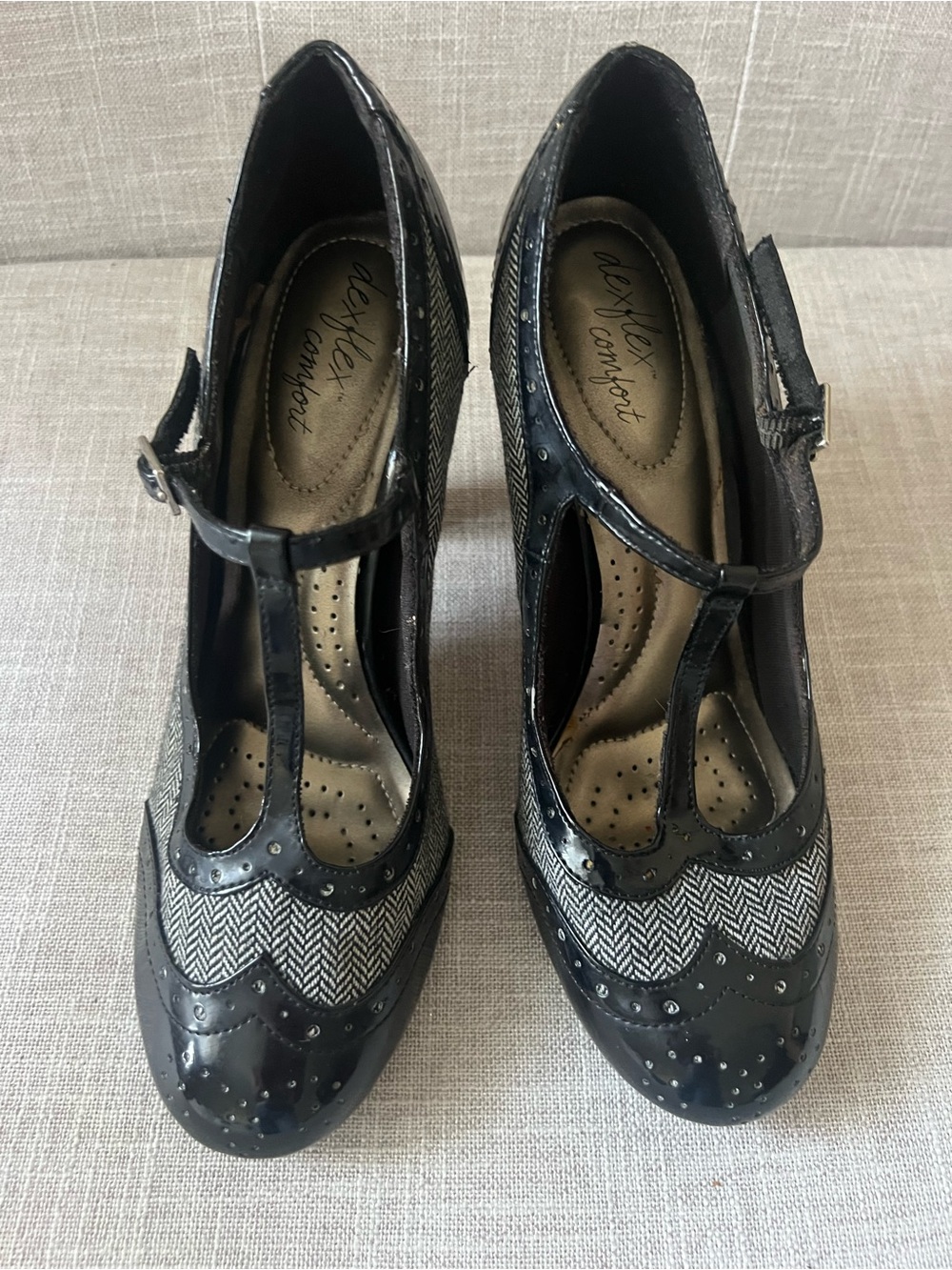 dexflex comfort women’s retro black/herringbone Mary Jane T-Strap Heels